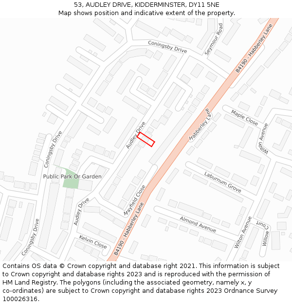 53, AUDLEY DRIVE, KIDDERMINSTER, DY11 5NE: Location map and indicative extent of plot