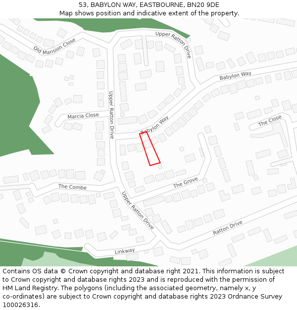 53, BABYLON WAY, EASTBOURNE, BN20 9DE: Location map and indicative extent of plot