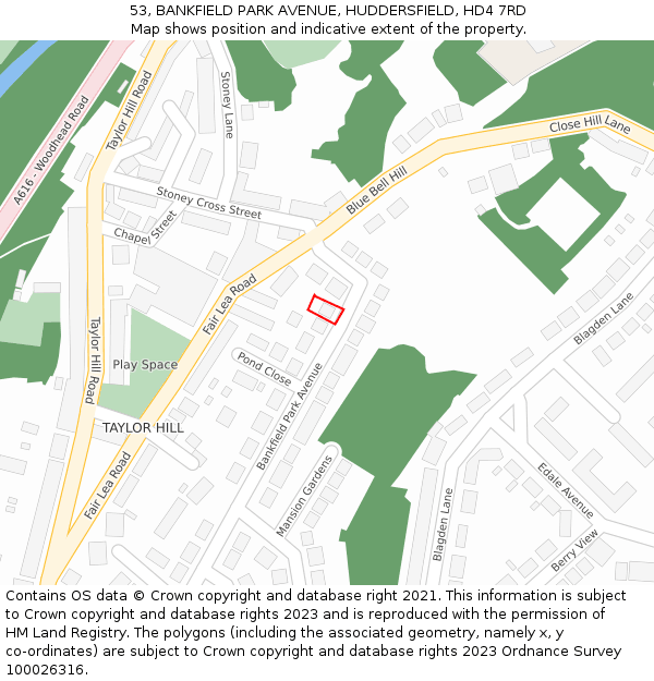 53, BANKFIELD PARK AVENUE, HUDDERSFIELD, HD4 7RD: Location map and indicative extent of plot