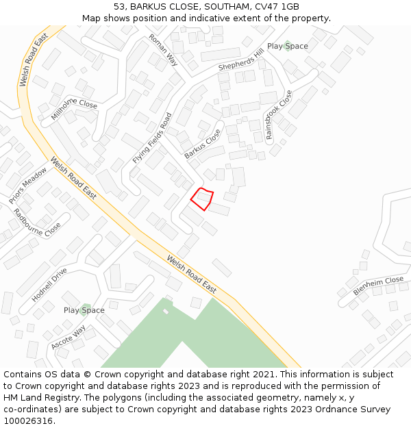 53, BARKUS CLOSE, SOUTHAM, CV47 1GB: Location map and indicative extent of plot