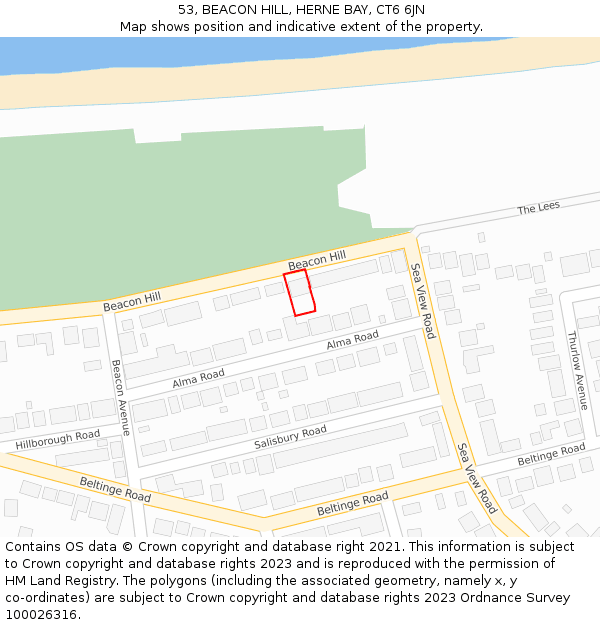 53, BEACON HILL, HERNE BAY, CT6 6JN: Location map and indicative extent of plot