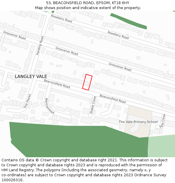 53, BEACONSFIELD ROAD, EPSOM, KT18 6HY: Location map and indicative extent of plot