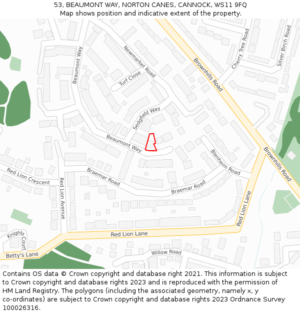 53, BEAUMONT WAY, NORTON CANES, CANNOCK, WS11 9FQ: Location map and indicative extent of plot