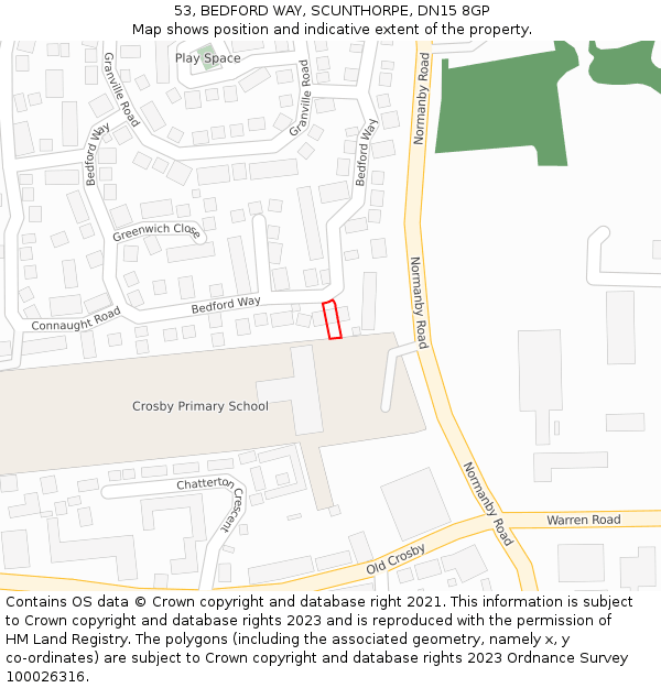 53, BEDFORD WAY, SCUNTHORPE, DN15 8GP: Location map and indicative extent of plot