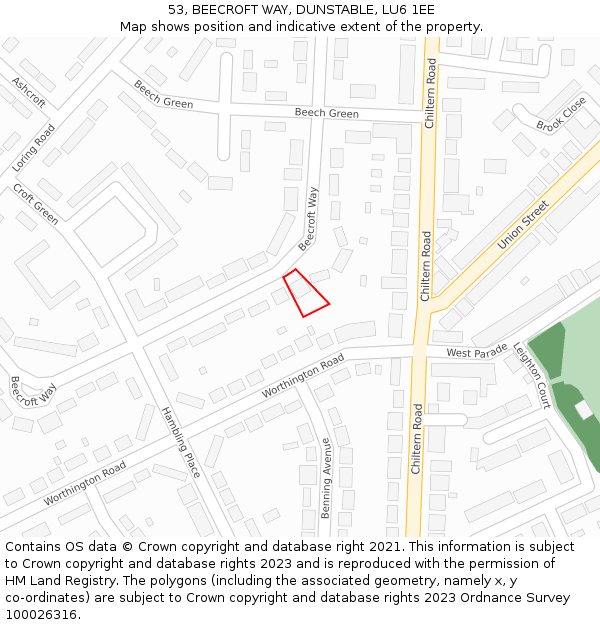 53, BEECROFT WAY, DUNSTABLE, LU6 1EE: Location map and indicative extent of plot