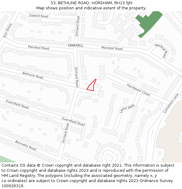 53, BETHUNE ROAD, HORSHAM, RH13 5JN: Location map and indicative extent of plot