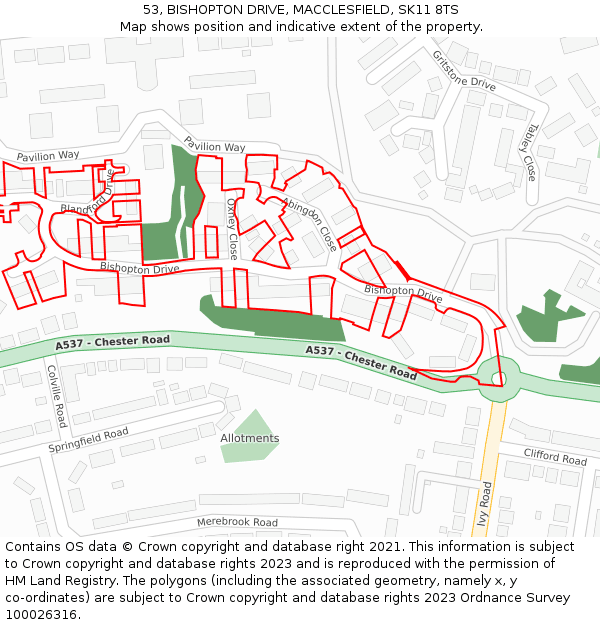 53, BISHOPTON DRIVE, MACCLESFIELD, SK11 8TS: Location map and indicative extent of plot