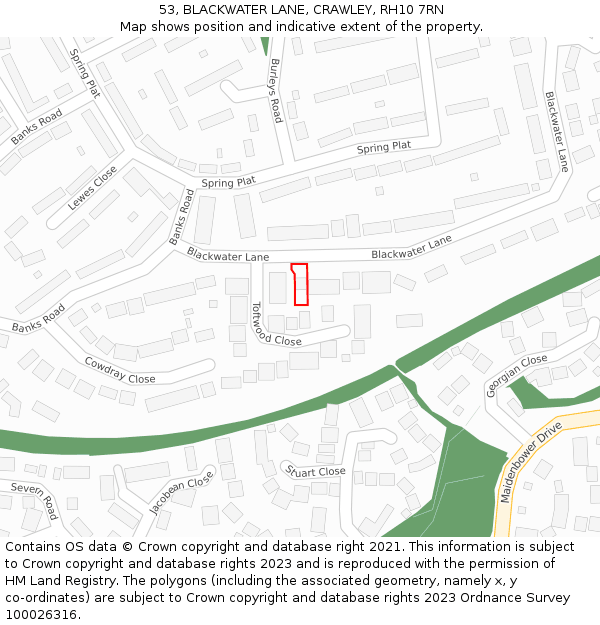 53, BLACKWATER LANE, CRAWLEY, RH10 7RN: Location map and indicative extent of plot