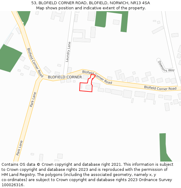 53, BLOFIELD CORNER ROAD, BLOFIELD, NORWICH, NR13 4SA: Location map and indicative extent of plot