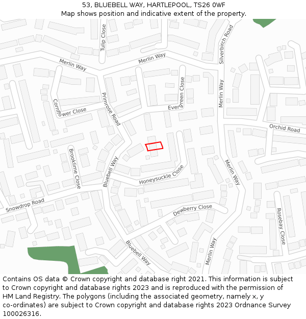 53, BLUEBELL WAY, HARTLEPOOL, TS26 0WF: Location map and indicative extent of plot