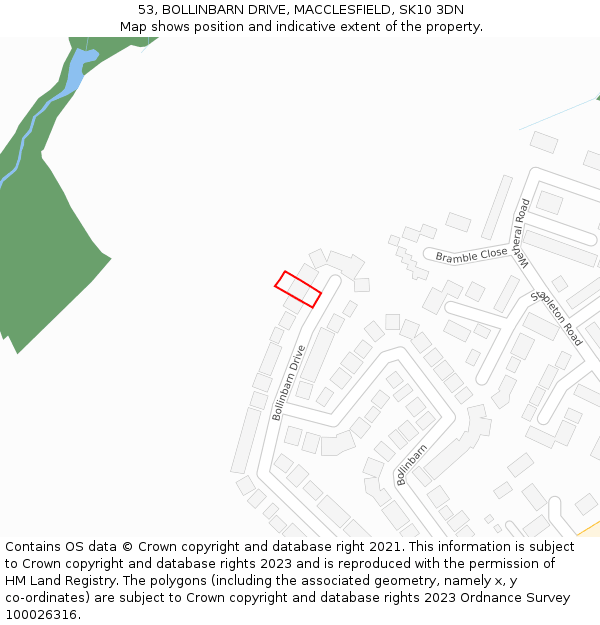 53, BOLLINBARN DRIVE, MACCLESFIELD, SK10 3DN: Location map and indicative extent of plot