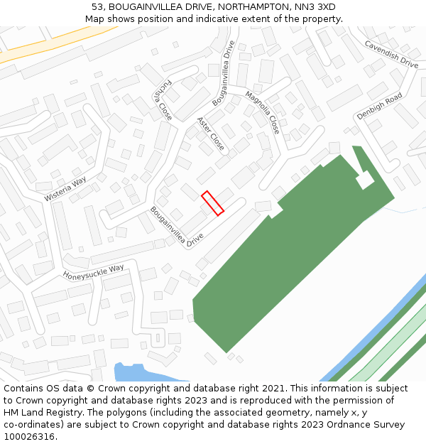 53, BOUGAINVILLEA DRIVE, NORTHAMPTON, NN3 3XD: Location map and indicative extent of plot