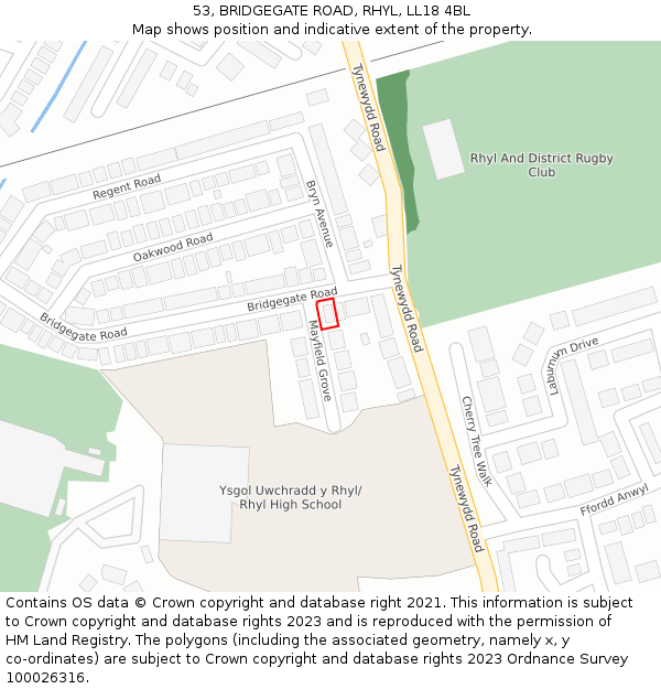 53, BRIDGEGATE ROAD, RHYL, LL18 4BL: Location map and indicative extent of plot