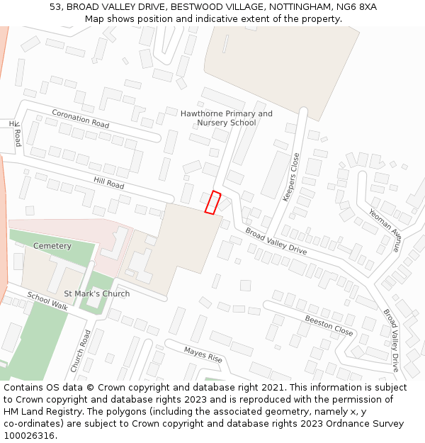 53, BROAD VALLEY DRIVE, BESTWOOD VILLAGE, NOTTINGHAM, NG6 8XA: Location map and indicative extent of plot