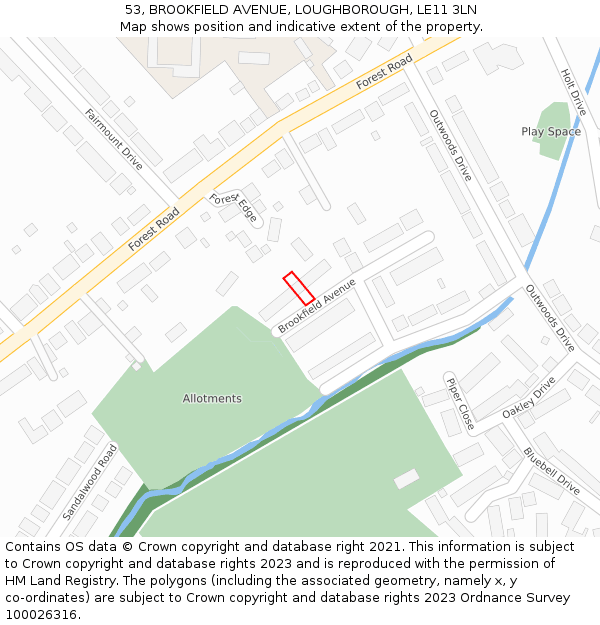 53, BROOKFIELD AVENUE, LOUGHBOROUGH, LE11 3LN: Location map and indicative extent of plot