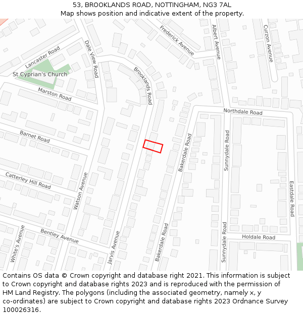 53, BROOKLANDS ROAD, NOTTINGHAM, NG3 7AL: Location map and indicative extent of plot