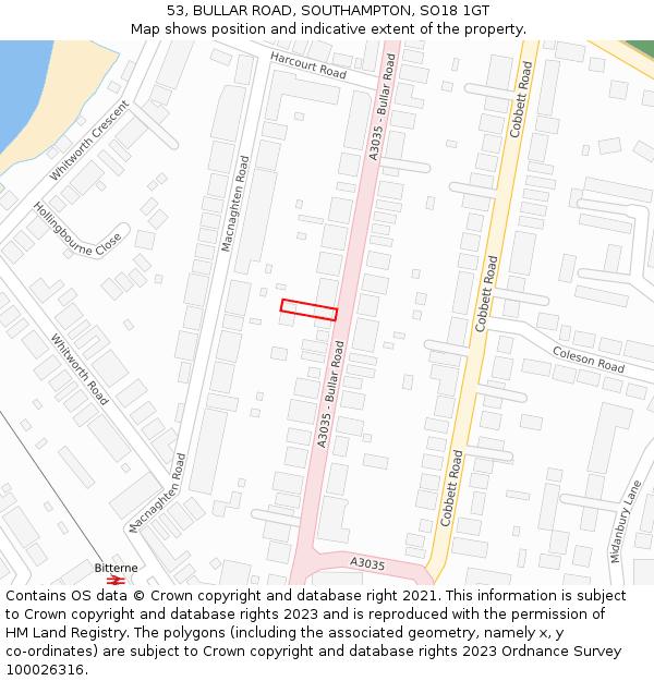 53, BULLAR ROAD, SOUTHAMPTON, SO18 1GT: Location map and indicative extent of plot