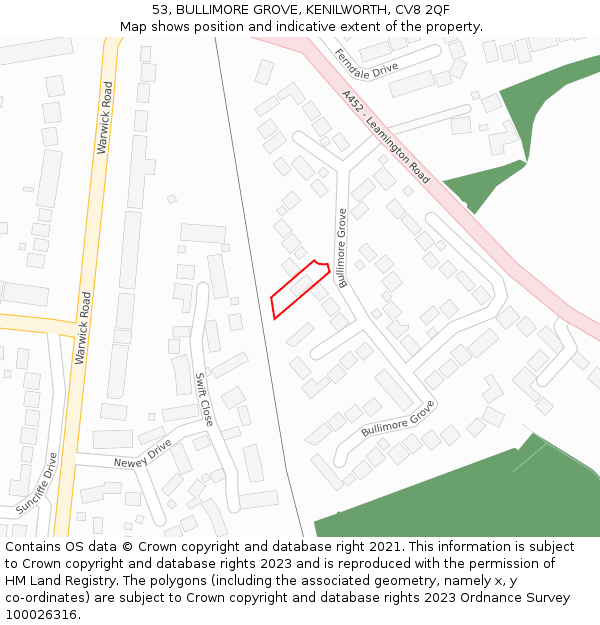 53, BULLIMORE GROVE, KENILWORTH, CV8 2QF: Location map and indicative extent of plot