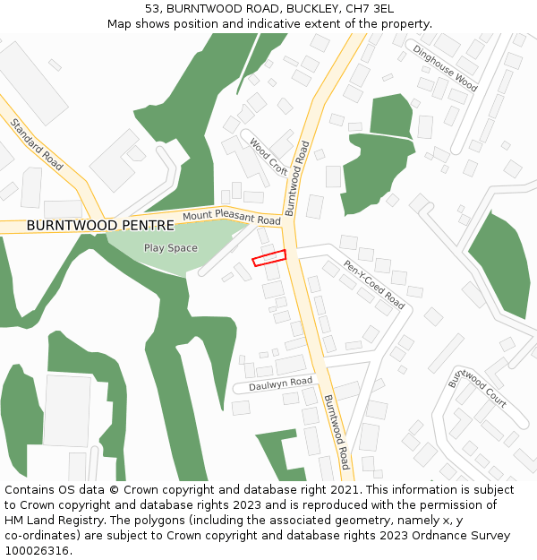 53, BURNTWOOD ROAD, BUCKLEY, CH7 3EL: Location map and indicative extent of plot