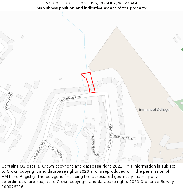 53, CALDECOTE GARDENS, BUSHEY, WD23 4GP: Location map and indicative extent of plot