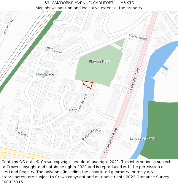 53, CAMBORNE AVENUE, CARNFORTH, LA5 9TS: Location map and indicative extent of plot