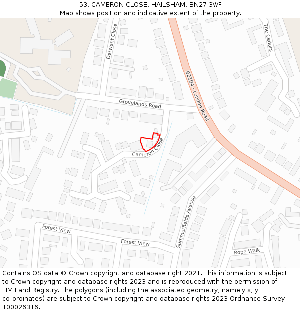 53, CAMERON CLOSE, HAILSHAM, BN27 3WF: Location map and indicative extent of plot