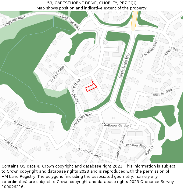 53, CAPESTHORNE DRIVE, CHORLEY, PR7 3QQ: Location map and indicative extent of plot