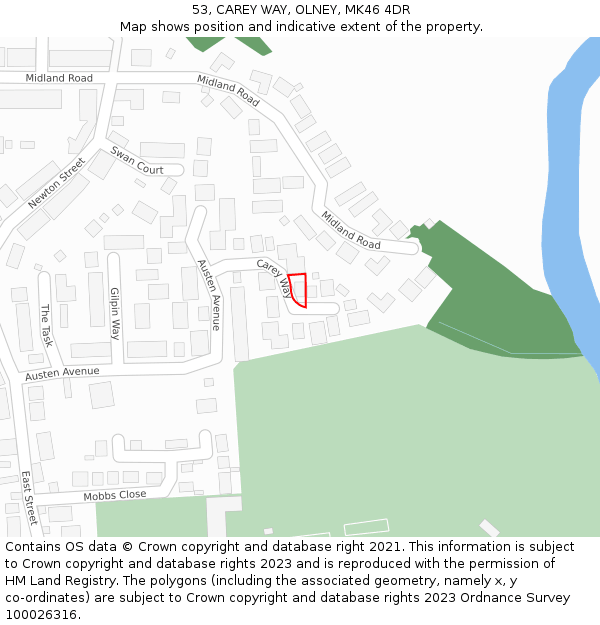 53, CAREY WAY, OLNEY, MK46 4DR: Location map and indicative extent of plot