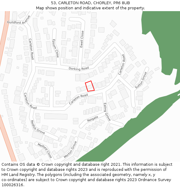 53, CARLETON ROAD, CHORLEY, PR6 8UB: Location map and indicative extent of plot