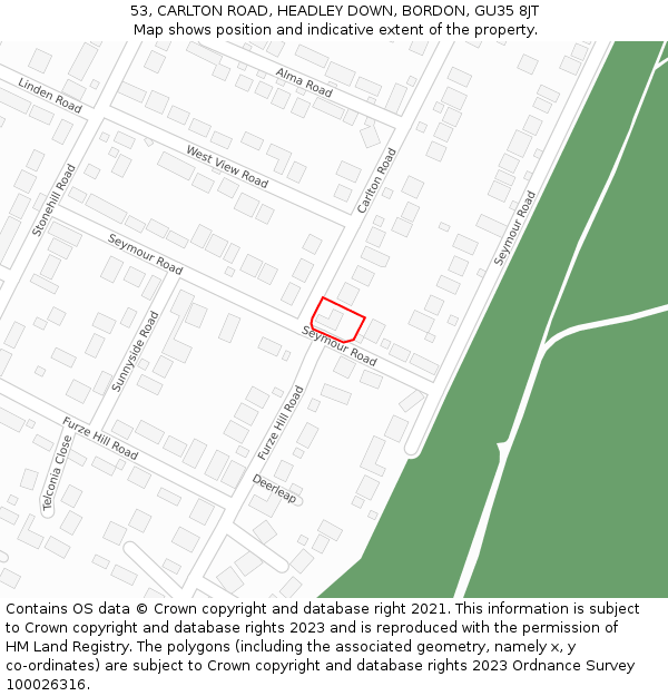 53, CARLTON ROAD, HEADLEY DOWN, BORDON, GU35 8JT: Location map and indicative extent of plot