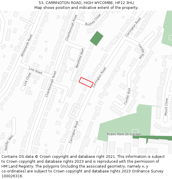 53, CARRINGTON ROAD, HIGH WYCOMBE, HP12 3HU: Location map and indicative extent of plot