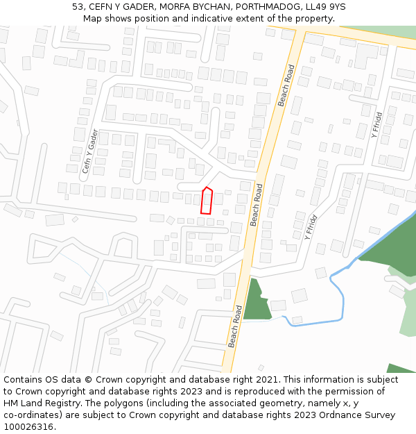 53, CEFN Y GADER, MORFA BYCHAN, PORTHMADOG, LL49 9YS: Location map and indicative extent of plot