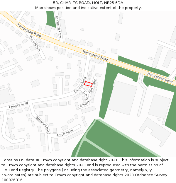 53, CHARLES ROAD, HOLT, NR25 6DA: Location map and indicative extent of plot