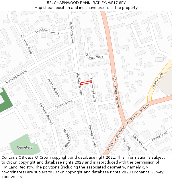 53, CHARNWOOD BANK, BATLEY, WF17 8PY: Location map and indicative extent of plot