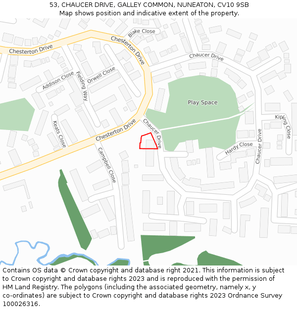 53, CHAUCER DRIVE, GALLEY COMMON, NUNEATON, CV10 9SB: Location map and indicative extent of plot