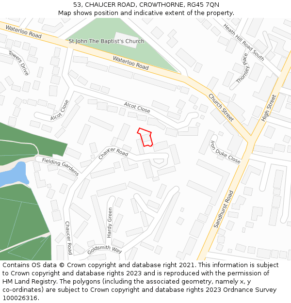 53, CHAUCER ROAD, CROWTHORNE, RG45 7QN: Location map and indicative extent of plot