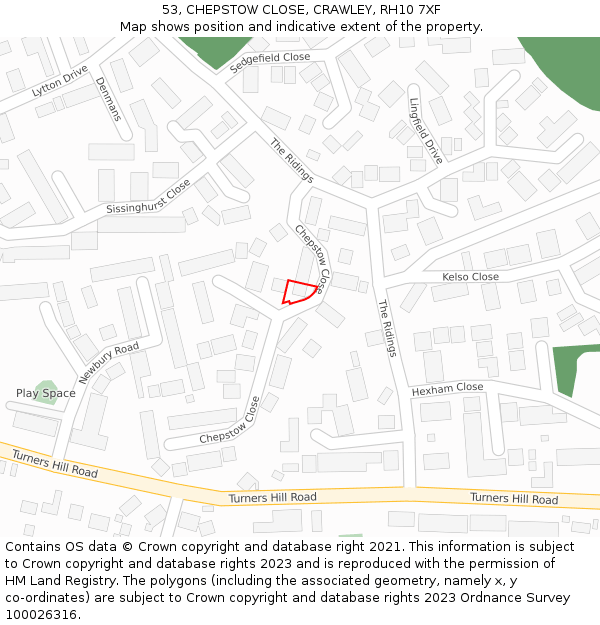 53, CHEPSTOW CLOSE, CRAWLEY, RH10 7XF: Location map and indicative extent of plot