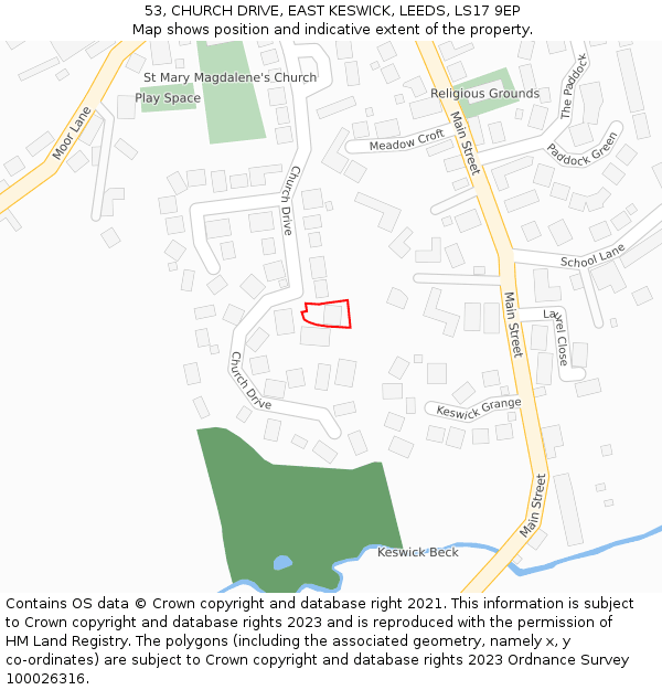 53, CHURCH DRIVE, EAST KESWICK, LEEDS, LS17 9EP: Location map and indicative extent of plot