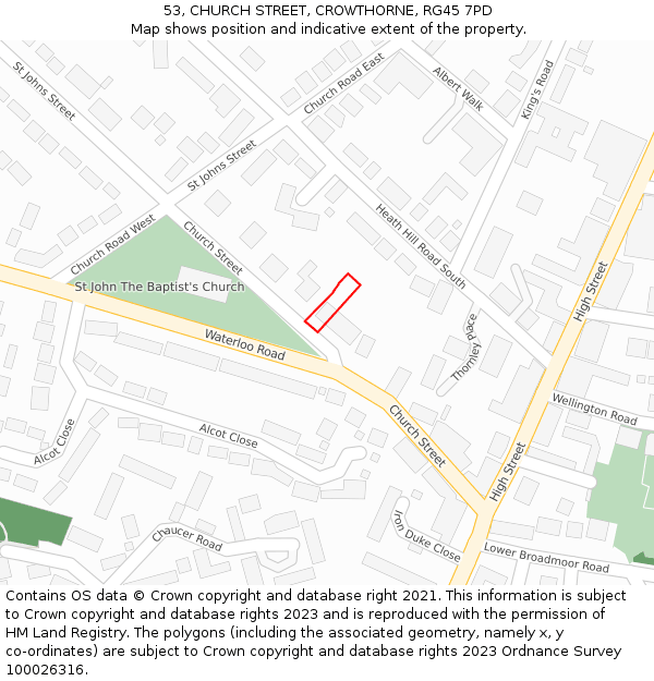 53, CHURCH STREET, CROWTHORNE, RG45 7PD: Location map and indicative extent of plot