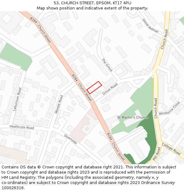 53, CHURCH STREET, EPSOM, KT17 4PU: Location map and indicative extent of plot