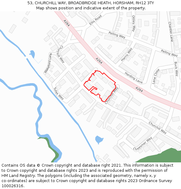 53, CHURCHILL WAY, BROADBRIDGE HEATH, HORSHAM, RH12 3TY: Location map and indicative extent of plot