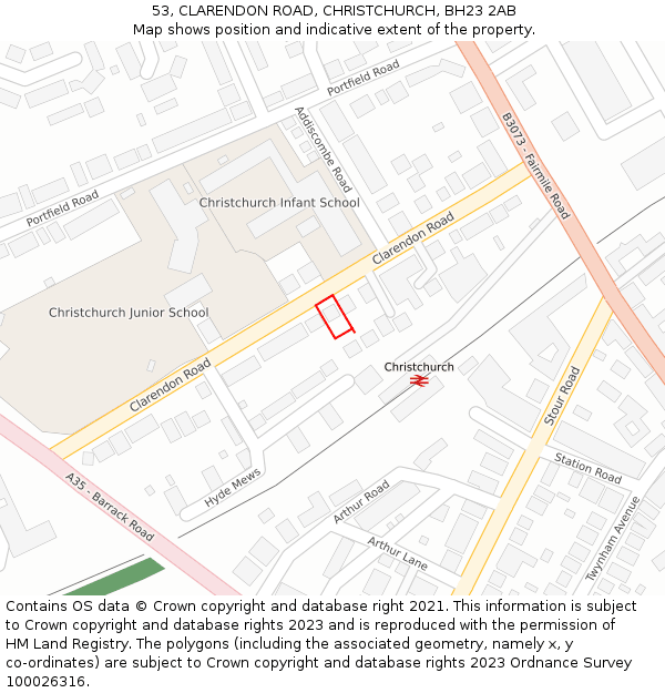 53, CLARENDON ROAD, CHRISTCHURCH, BH23 2AB: Location map and indicative extent of plot