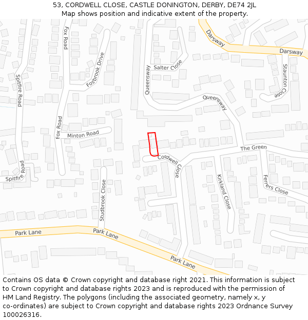 53, CORDWELL CLOSE, CASTLE DONINGTON, DERBY, DE74 2JL: Location map and indicative extent of plot