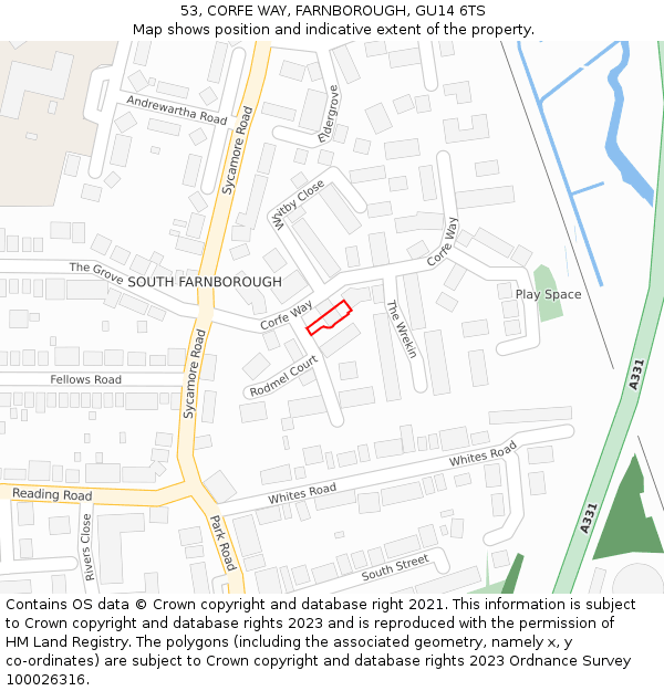 53, CORFE WAY, FARNBOROUGH, GU14 6TS: Location map and indicative extent of plot
