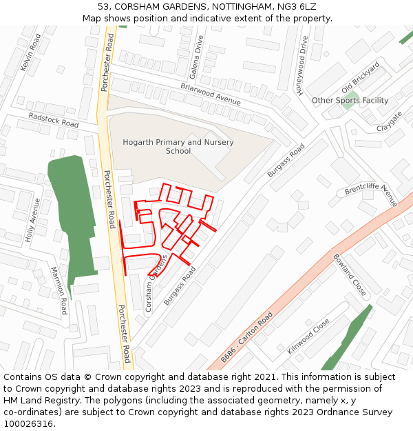 53, CORSHAM GARDENS, NOTTINGHAM, NG3 6LZ: Location map and indicative extent of plot