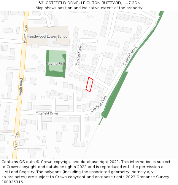 53, COTEFIELD DRIVE, LEIGHTON BUZZARD, LU7 3DN: Location map and indicative extent of plot