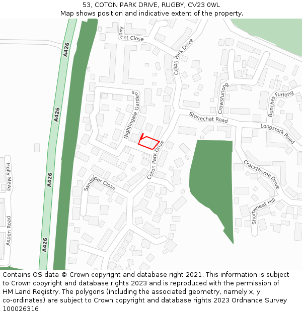 53, COTON PARK DRIVE, RUGBY, CV23 0WL: Location map and indicative extent of plot