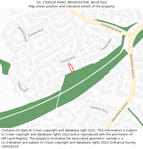 53, COWSLIP ROAD, BROADSTONE, BH18 9QZ: Location map and indicative extent of plot