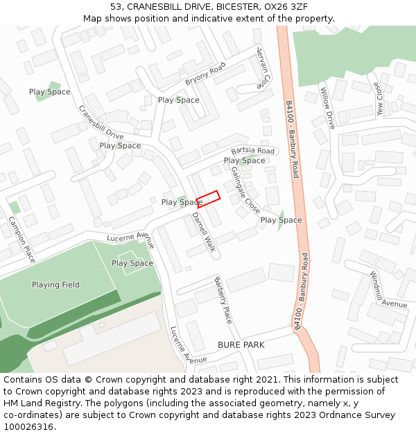 53, CRANESBILL DRIVE, BICESTER, OX26 3ZF: Location map and indicative extent of plot