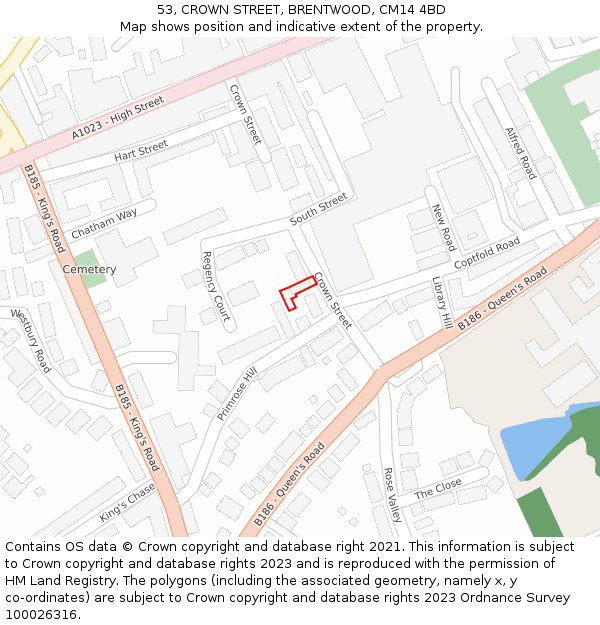 53, CROWN STREET, BRENTWOOD, CM14 4BD: Location map and indicative extent of plot